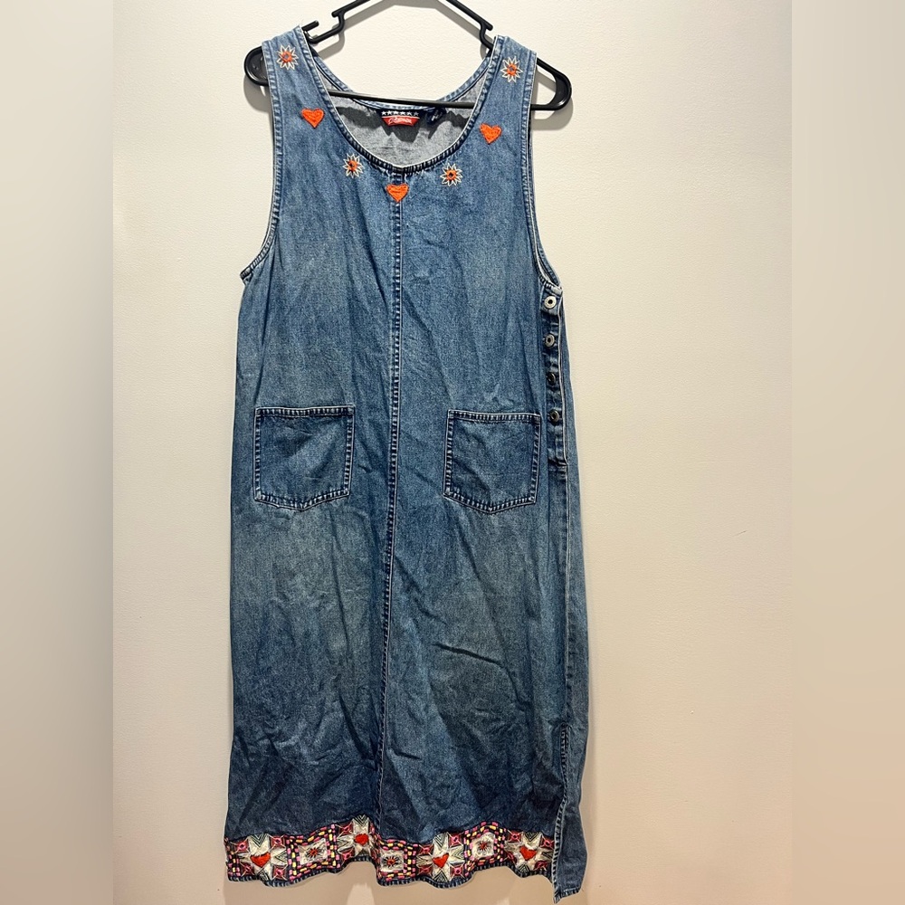 Agapo Vintage 90s Denim Embroidered Maxi Dress Jumper Hearts Sunflowers Size‎ M